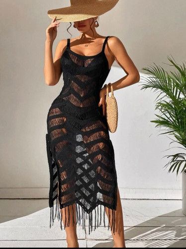 Women's sea scarves transparent fringe black Mediu...