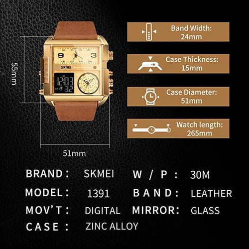 ساعة رجال الأعمال من SKMEI مربعة الشكل عقارب وديجي...