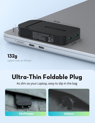 شاحن جداري راف باور نحيف بقوة 100 واط بمنفذين تايب...