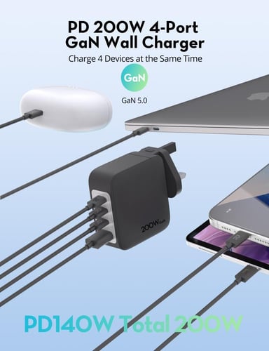 شاحن متعدد للسفر راف باور بقوة 200 واط بمنفذ يو اس...