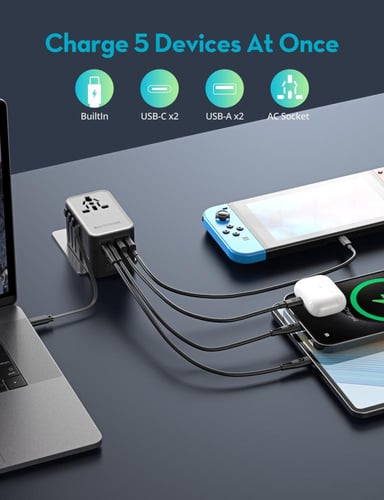 شاحن متعدد للسفر راف باور 5 في 1 ( سلك تايب سي مدم...