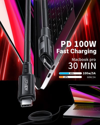سلك AceFast تايب سي الى تايب سي بقوة 100 واط الومن...