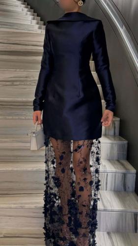 فستان سهرة كحلي ساتان بتطريز أنيق ودانتيل فاخر