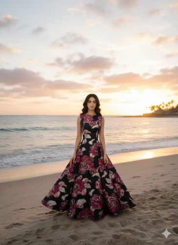 فستان أسود بنقشة ورود حمراء وقصة راقية