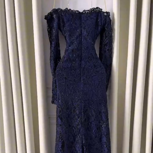 فستان سهرة أزرق دانتيل أوف شولدر أنيق