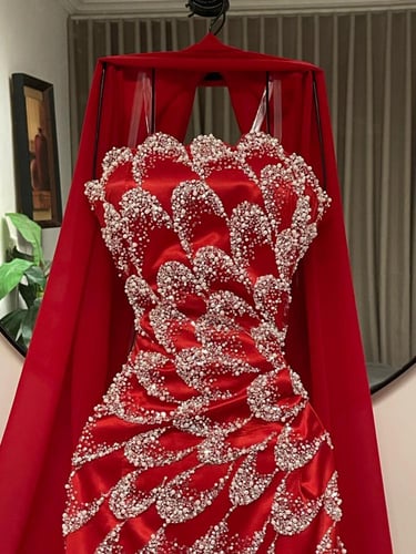 فستان أحمر ملكي بتطريز فضي متدرّج ولمسة فاخرة