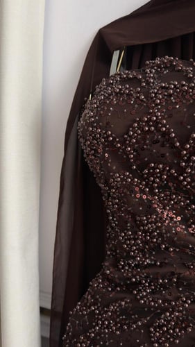 فستان شوكولاتة مطرّز بترتر فاخر وقصّة ضيقة