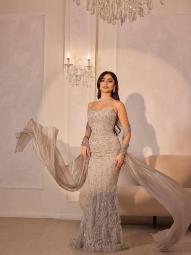 فستان سهرة فضي رخامي كورسيه مرصع ودربيه