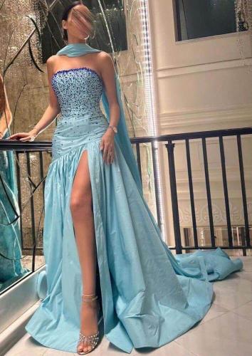 فستان سماوي سهرة مطرز بلمعة كريستالية