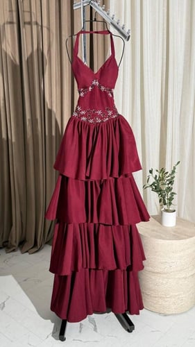 فستان سهرة عنابي بتطريز فاخر ولمسة ملكية