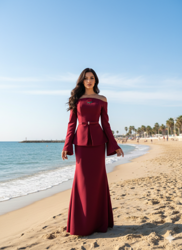 فستان خمري أوف شولدر بقصة أنيقة راقية