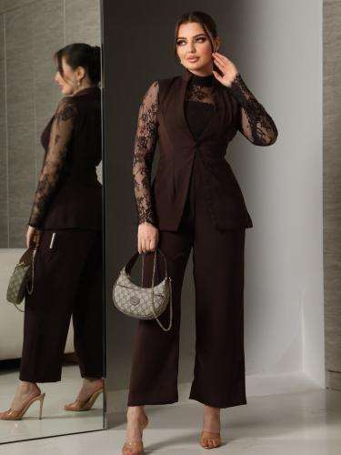 طقم ليان البني بكم دانتيل فاخر