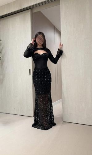 فستان سهرة أسود كورسيه بتطريز لؤلؤ