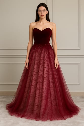 فستان عنابي ملكي بتصميم تول فخم