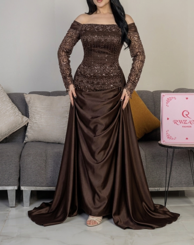 فستان سهرة بني ملكي بتطريز يدوي