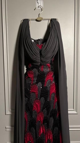 فستان سهرة أسود وعنابي مطرز مع كاب جورجيت