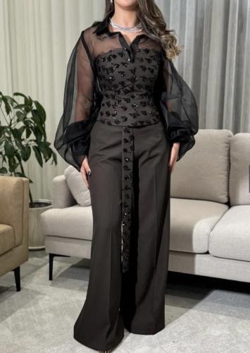 طقم “كارمن” الأسود بشيفون مطرز فاخر