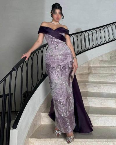 فستان سهرة بنفسجي أوف شولدر بتطريز فاخر