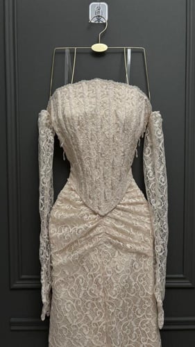 فستان سهرة شامبين دانتيل أوف شولدر بكورسيه