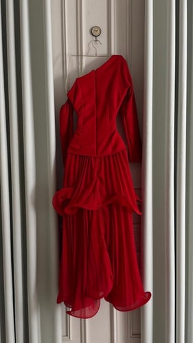 فستان "روبي" مكسي بكتف مكشوف وتصميم طبقات البليسيه