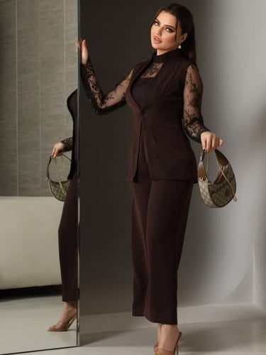 طقم ليان البني بكم دانتيل فاخر