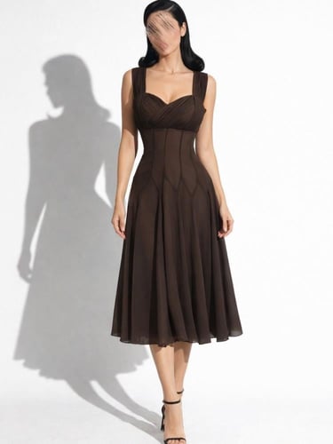 فستان ميدي بني بتصميم كورسيه وكسرات انسيابية