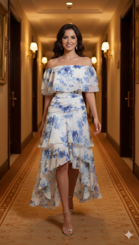 فستان أوف شولدر أبيض بطبعات زرقاء راقية