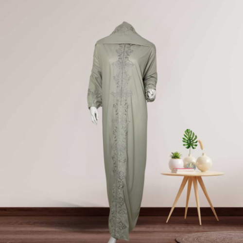 لباس صلاة سحاب بطرحة مطرز لون رصاصي