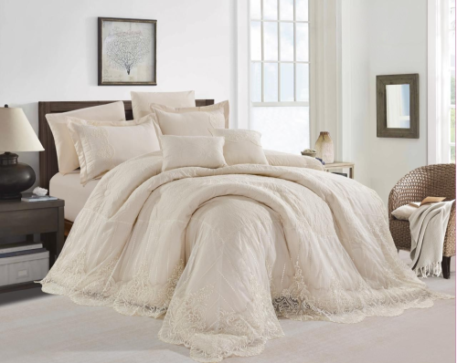 طقم لحاف عرايس برومسد 8 قطع لون بيج