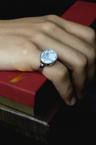 خاتم فضه ملكي ابيض شجري بيضاوي