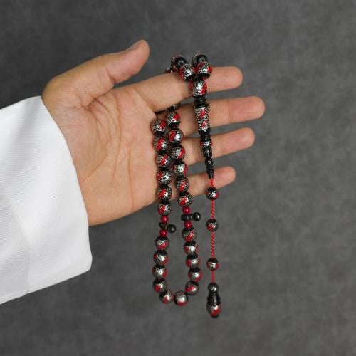 سبحة يسر اسود طبيعي مرصع بالفضه