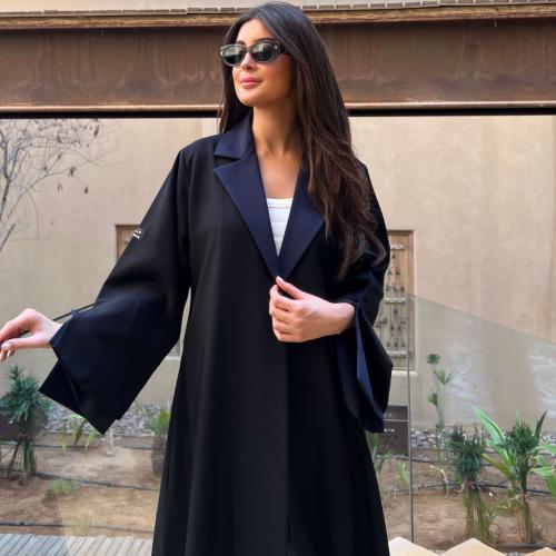 Colorful navy abaya with sleeve opening, linen fabric