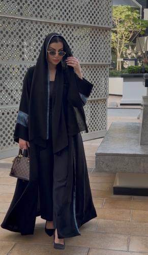 Aabaya, no crepe, royal, with sleeve inserts, floral, flared story