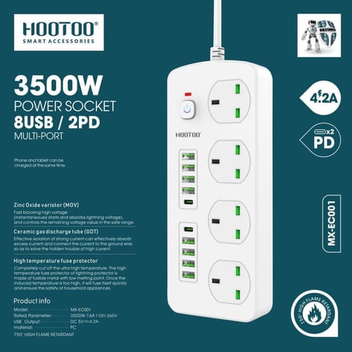 هوتو توصيلة كهرباء 4 افياش و 8منافذ usb ومنفذين PD...