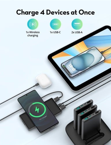 راف باور - منصة 4 بطاريات متنقلة + شحن لاسلكي سعة...