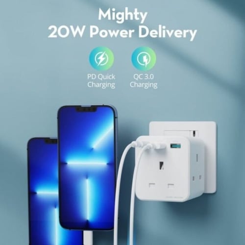 شاحن راف باور 3 منافذ بقوة 20 واط مع 3 منافذ تيار...