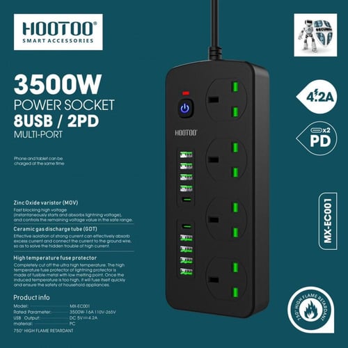 هوتو توصيلة كهرباء 4 افياش و 8منافذ usb ومنفذين PD...