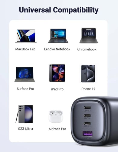 شاحن من يوجرين 4 منافذ 100 واط تايب سي - أسود