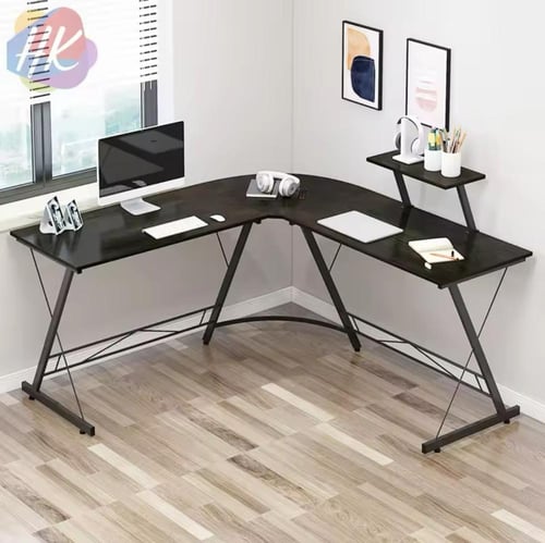 مكتب خشبي زاوية على شكل L بإطار معدني – مثالي للعم...