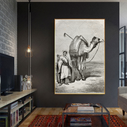 لوحة فنية البادية العربية لرجل وجمل في الصحراء بال...