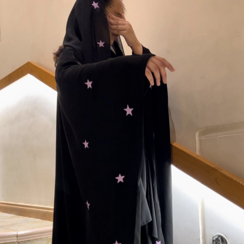 Abaya (18) royal crepe, flowing + pink star embroidery, full Beshteh