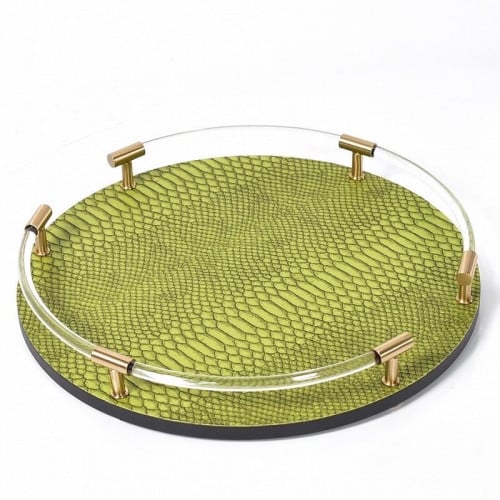 صينية تقديم جلد مقبض اكريليك ومعدني ذهبي