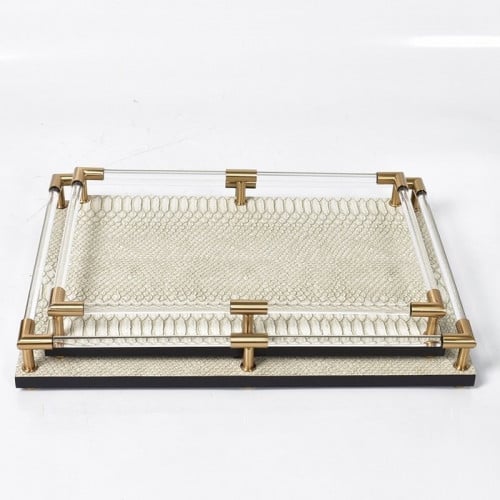 صينية تقديم جلد مقبض اكريليك ومعدني ذهبي
