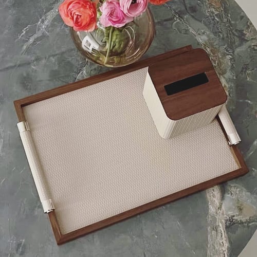 صينية علبة مناديل خشب الجوز والجلد