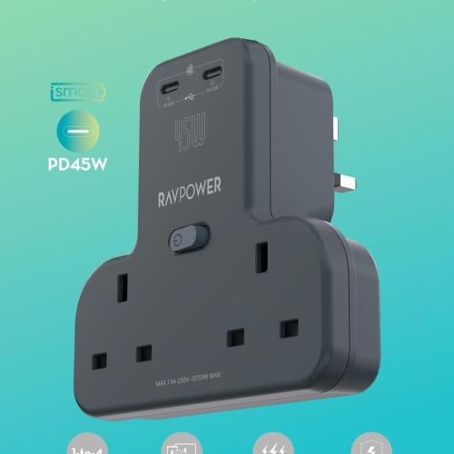 راف باور - شاحن جداري بقوة 45 واط بمنفذين طاقة ومن...