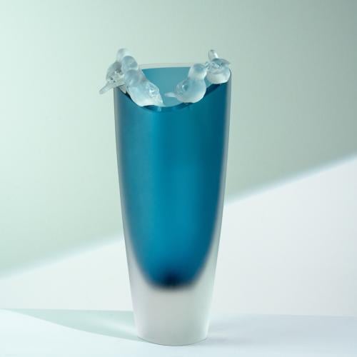 فازة كرستال زرقاء بتصميم عصافير - Blue Bird Crystal Vase