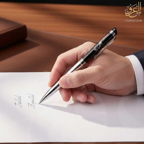 قلم رجالي أسود فاخر بنقش اسم عربي – حفر ليزر دقيق