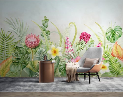 ورق جدران بتصميم نباتات استوائية صغيرة مرسومة يدوي...