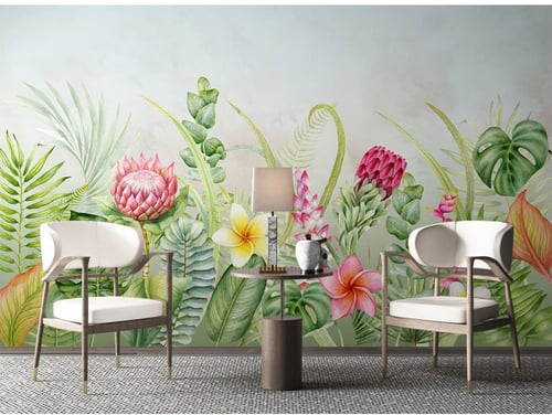 ورق جدران بتصميم نباتات استوائية صغيرة مرسومة يدوي...