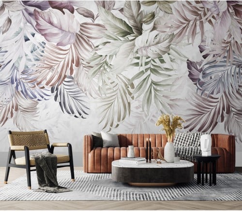 ورق جدران بتصميم نباتات استوائية مرسومة يدويًا على...